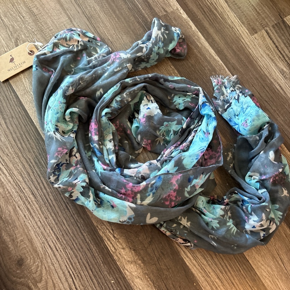 NWT Melifluos Floral Scarf - Gray and Blue